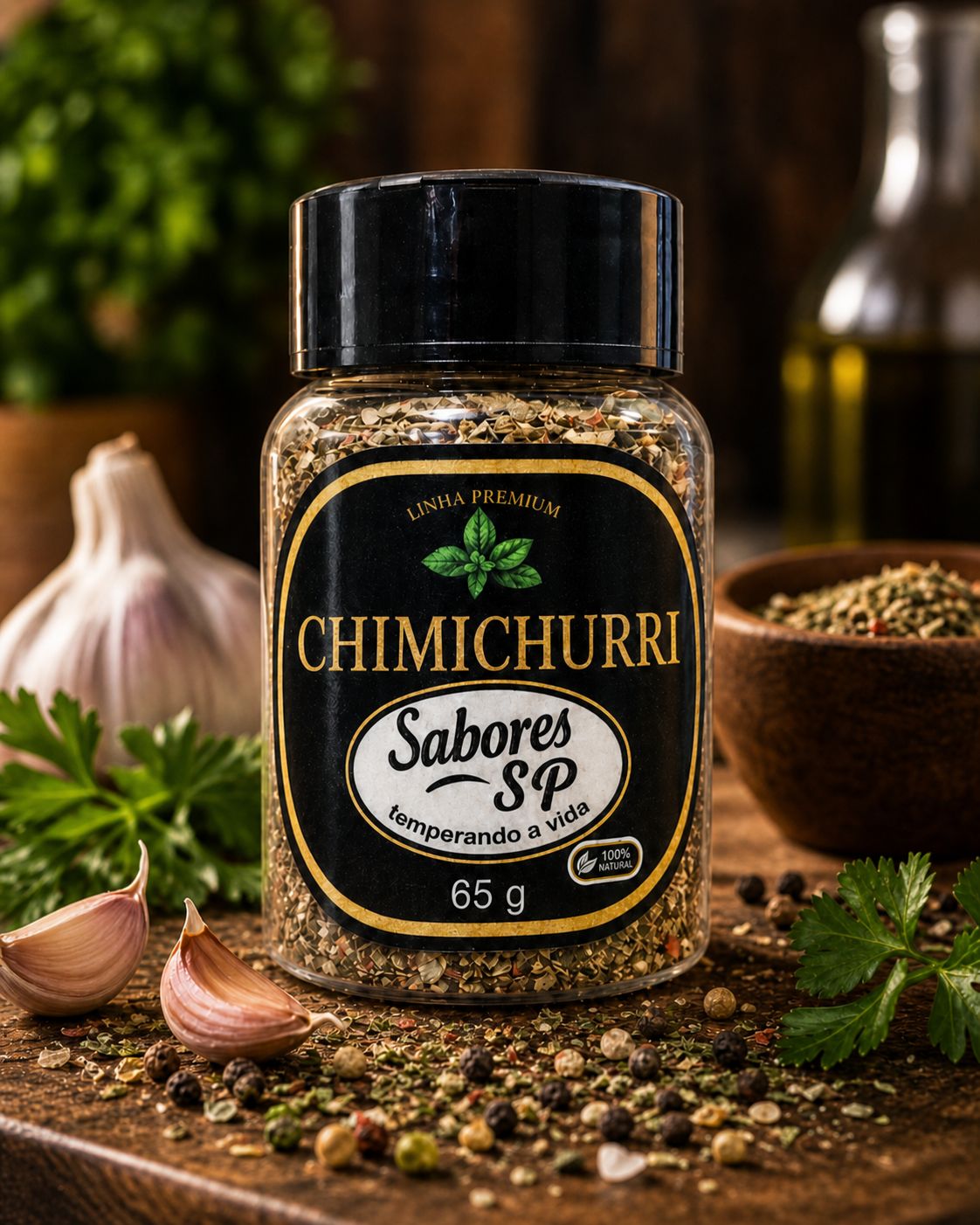 Frasco de chimichurri da Sabores São Paulo sobre bancada rústica com alho e salsinha