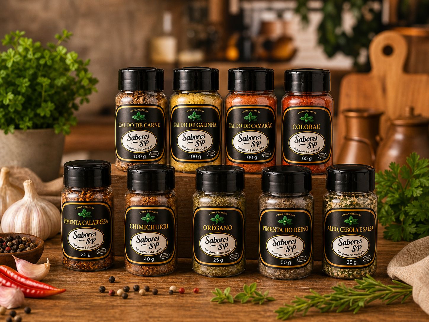 Linha completa de temperos Sabores São Paulo em ambiente de cozinha rústica com ingredientes naturais