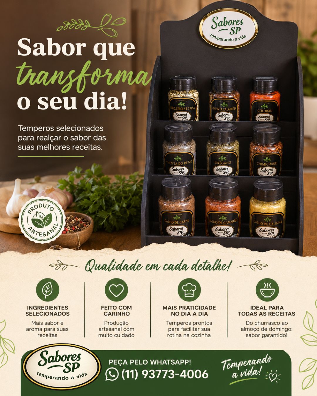 Display completo da linha Sabores São Paulo — todos os temperos premium expostos